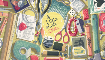 A Little to the Left: Cupboards and Drawers key art, with the logo in the middle of an arrangement of household objects, sat atop a yellow wooden surface. Items include scissors, eraser, receipts, rolls of tape, pencils, batteries, pens, screws, whistle and dice, with the broken base of a lightbulb and the arrangement of objects making it appear as though the game's logo is sitting within a lightbulb.